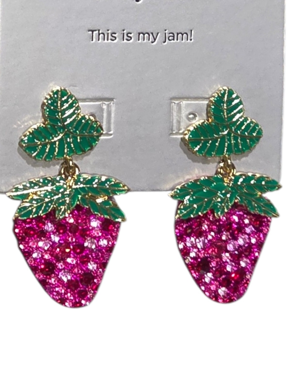 Sparkling Pink Strawberry Drop Earrings with Green Leaves